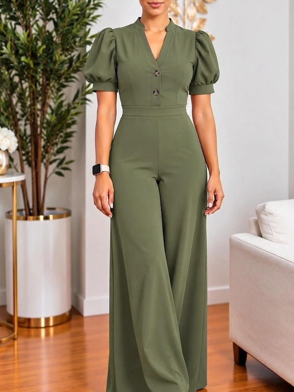 SHEIN Olive Green Puff Sleeve Wide Leg Jumpsuit Size Medium